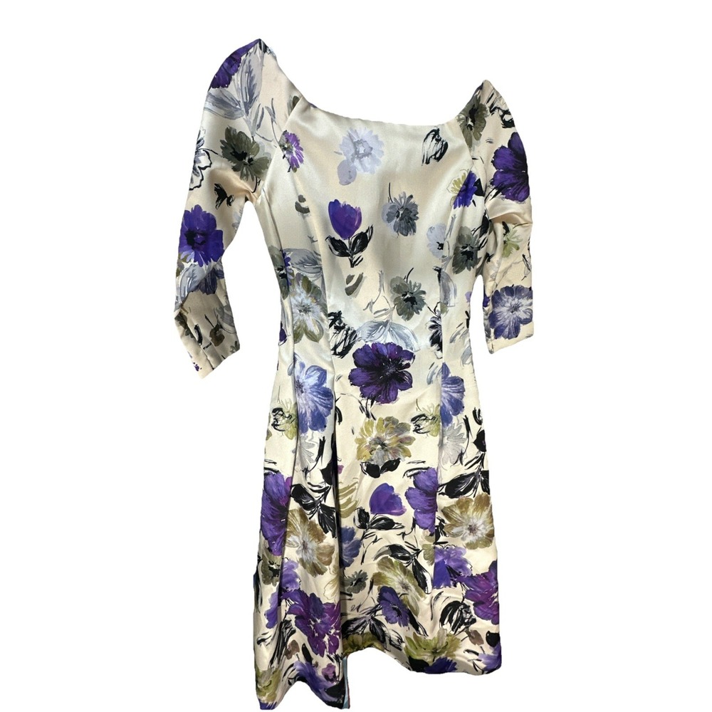Alex Marie Cream  Floral Satin Boatneck Sheath Dress Purple/Green  Sz 2